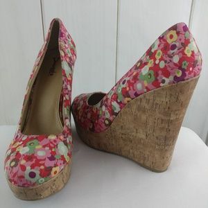 Y Not? Cork Platform Floral Wedge Pink
